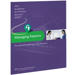 Purple booklet with a green arrow that says Managing Patients