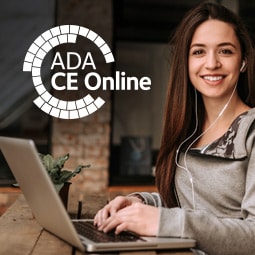 A woman on her laptop with "ADA CE Online"