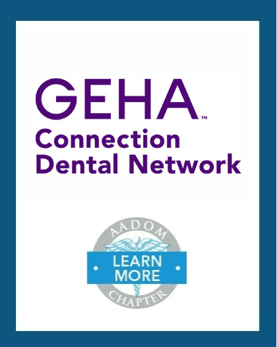 GEHA Connection Dental Network logo with AADOM Chapter logo saying 