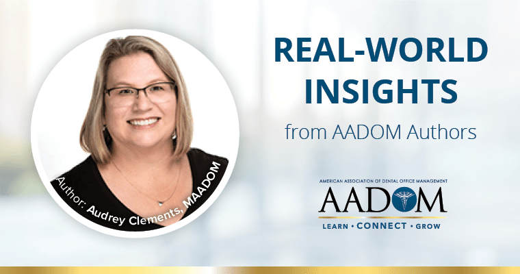 Audrey Clements, with text, "Real-world insights from AADOM authors"