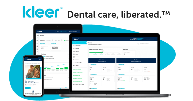 Image of Kleer's apps and website with the text, Kleer: Dental care, liberated. TM