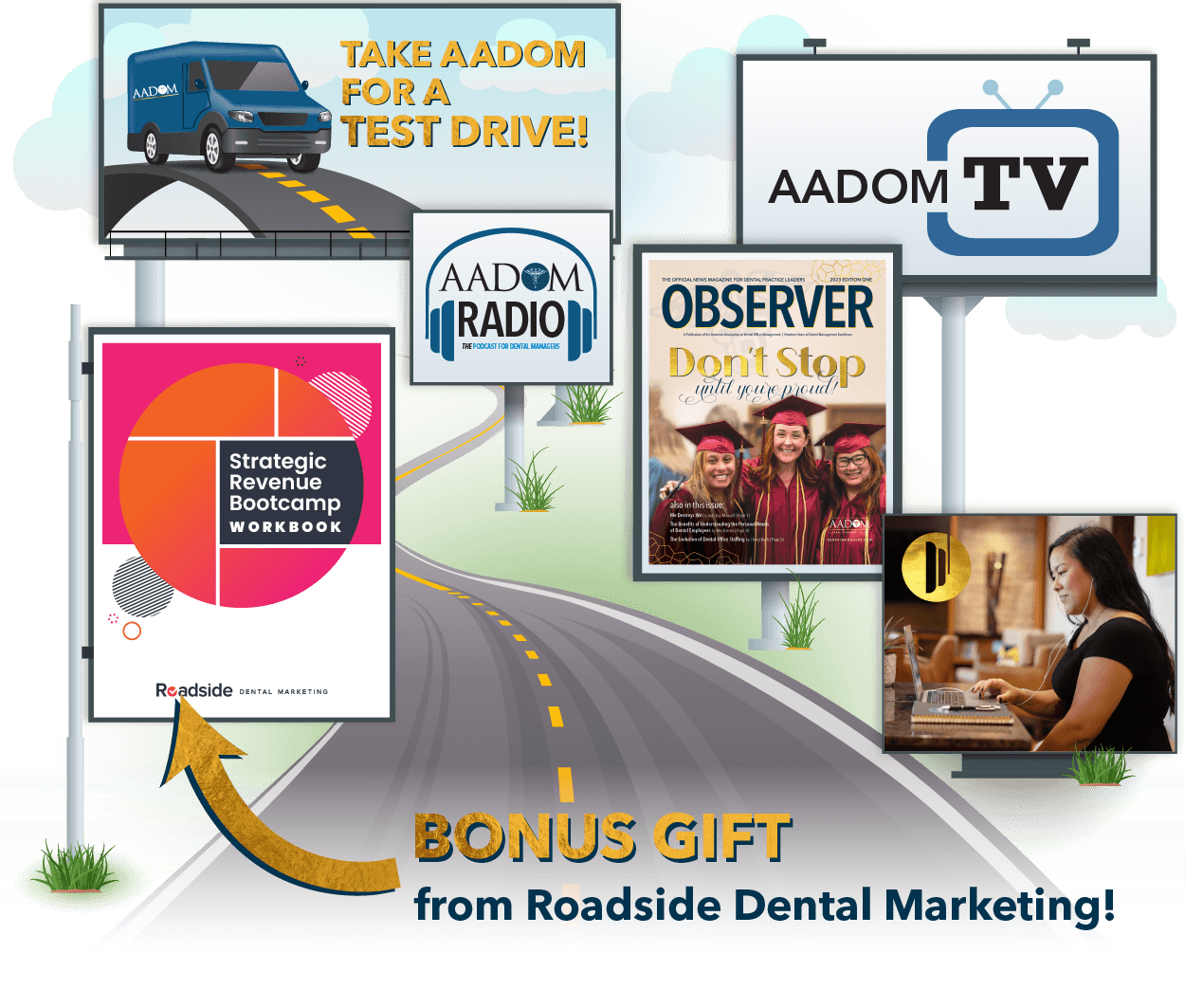 Collage of all the offerings AADOM offers to their dental officer managers in a free test drive members