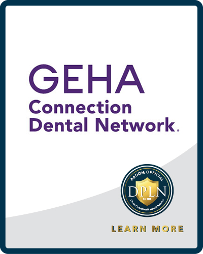 GEHA Connection Dental Network logo with AADOM DPLN logo saying 