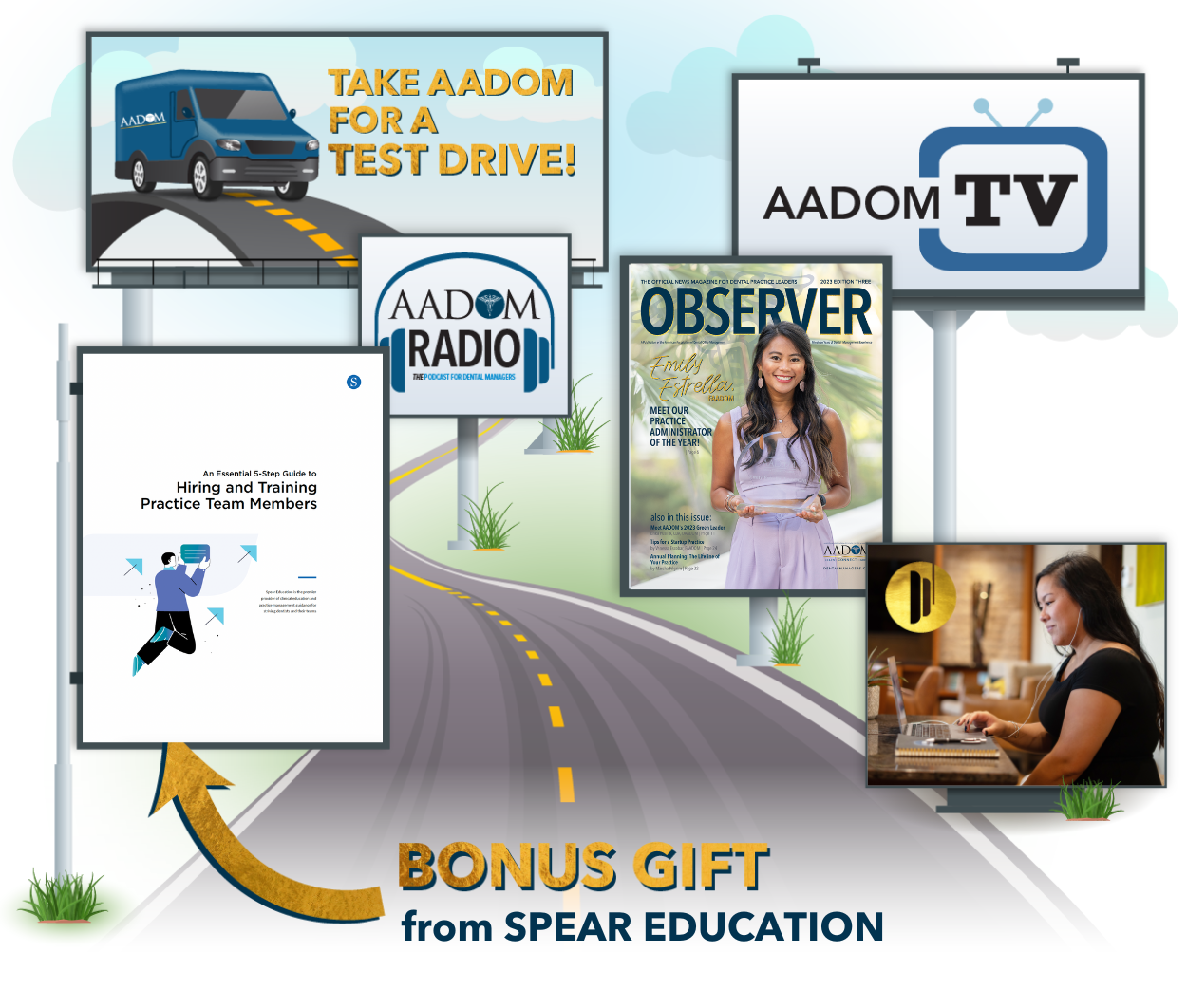 Collage of all the offerings AADOM offers to their dental officer managers in a free test drive members